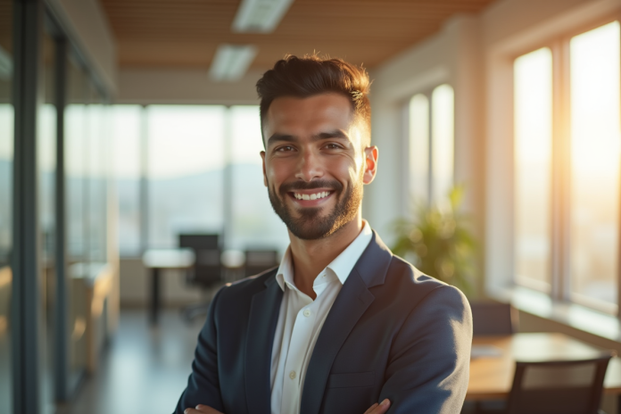 Jeune professionnel confiant dans un bureau lumineux