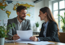 Jeune femme et homme en discussion dans un bureau lumineux