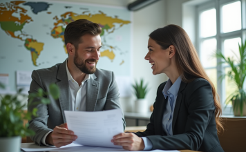 Optimiser son entreprise avec des diplômés en BTS tourisme Jeune femme et homme en discussion dans un bureau lumineux