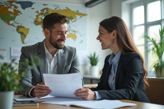 Jeune femme et homme en discussion dans un bureau lumineux