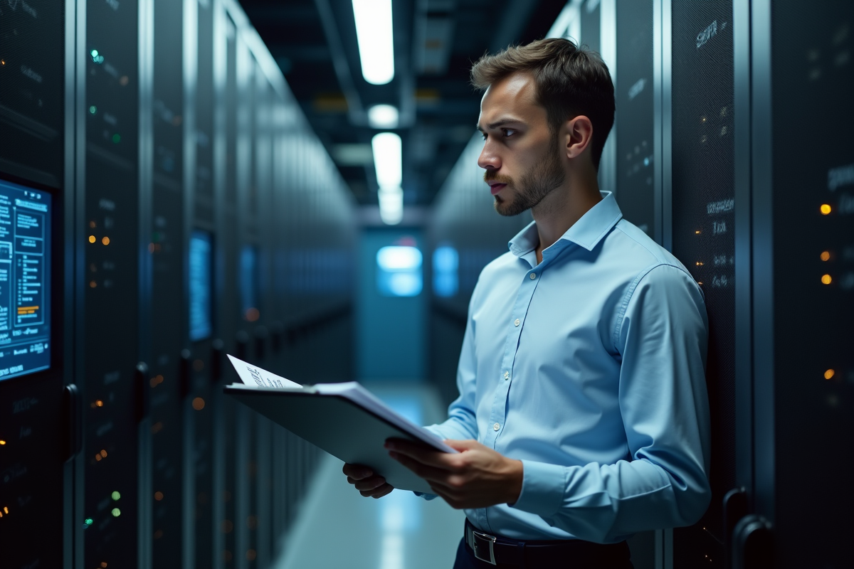 Specialiste informatique examine des documents confidentiels