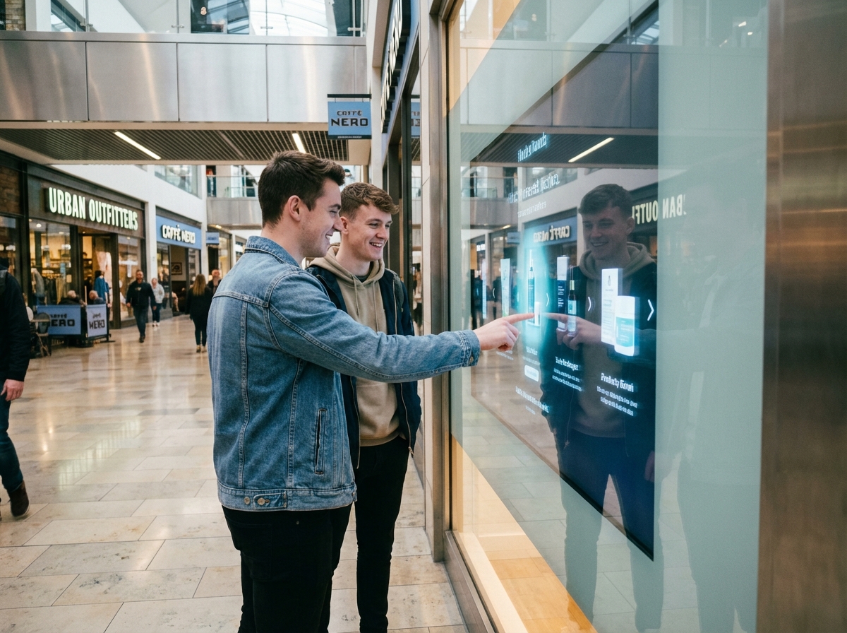 Deux jeunes hommes souriants interagissant avec une vitrine digitale