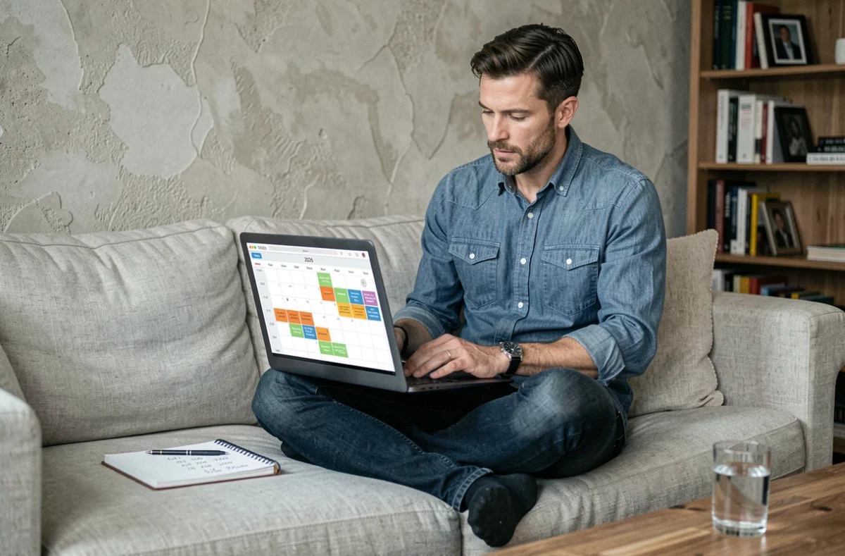 Homme travaillant depuis chez lui sur un calendrier numérique pour compter les jours ouvrés 2026