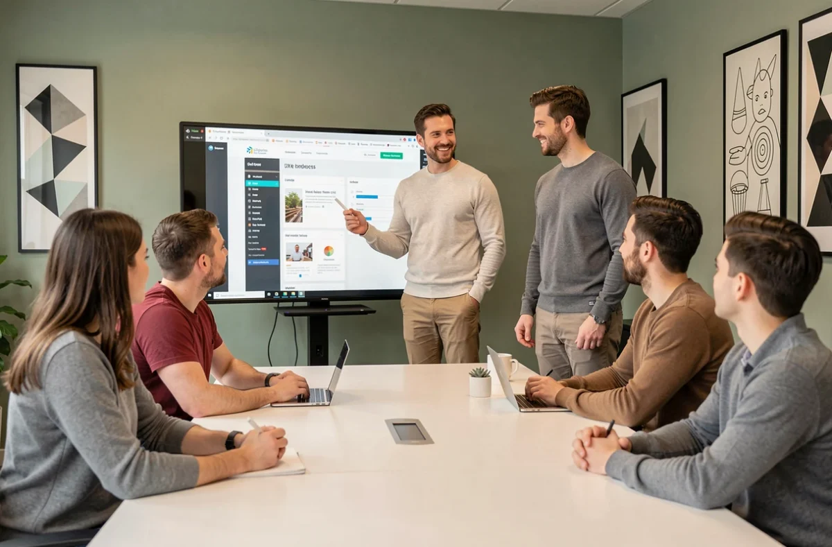 Designer UX présentant un prototype de site web à une équipe dans une agence de design à Limoges