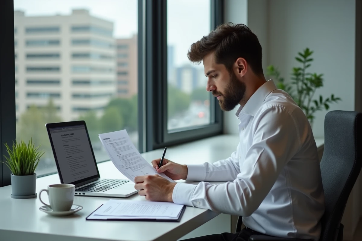 Salarié du secteur privé lisant attentivement les termes d'une convention de rupture dans son bureau