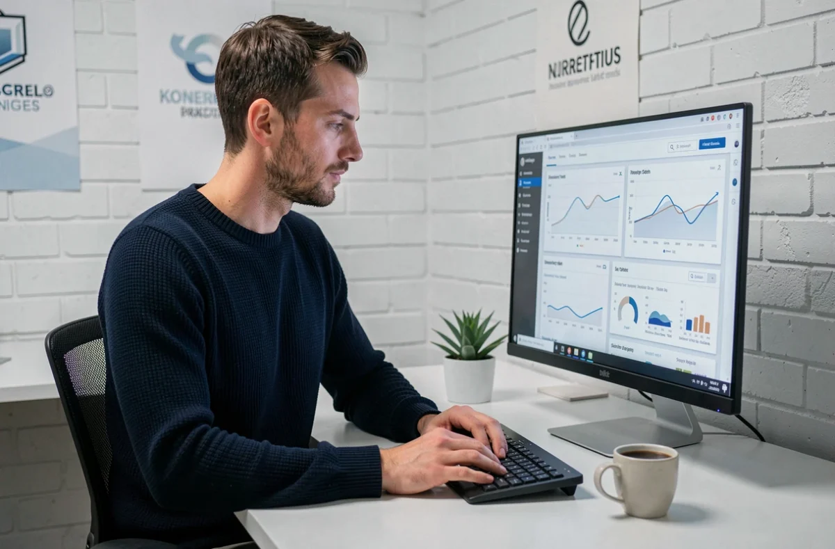 Développeur web de LeWeboskop analysant un tableau de bord de statistiques de site web dans un bureau minimaliste