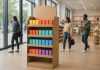 Photo d'un magasin moderne avec un présentoir en carton coloré