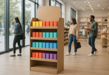 Photo d'un magasin moderne avec un présentoir en carton coloré