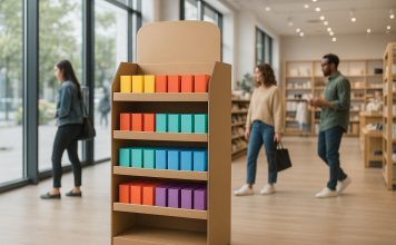 Photo d'un magasin moderne avec un présentoir en carton coloré