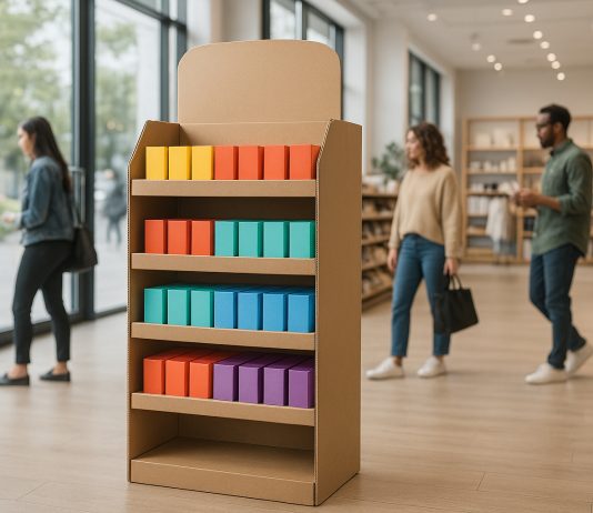 Photo d'un magasin moderne avec un présentoir en carton coloré