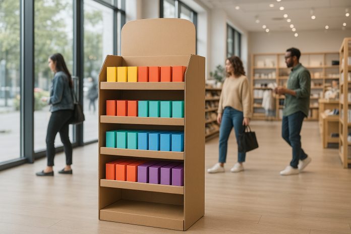 Photo d'un magasin moderne avec un présentoir en carton coloré