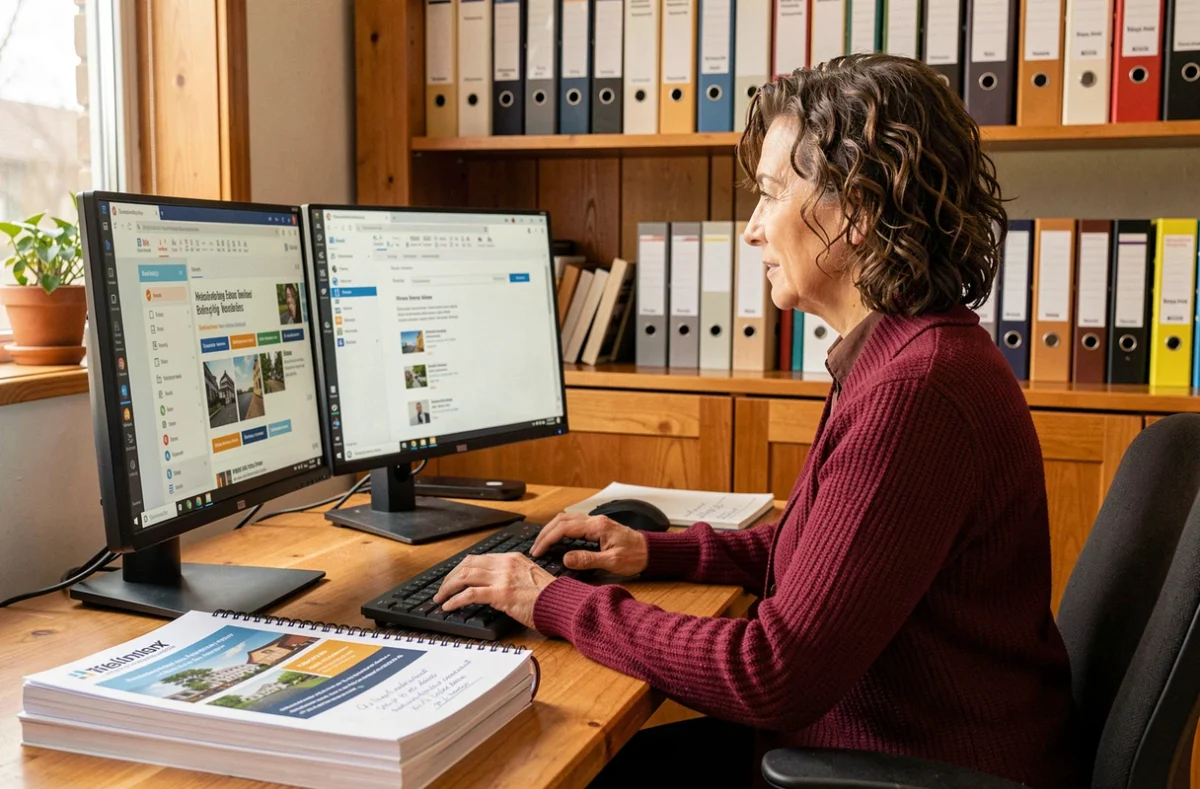 Professionnelle de Mail Next rédigeant une campagne d'emailing marketing sur un poste de travail à double écran dans un bureau chaleureux