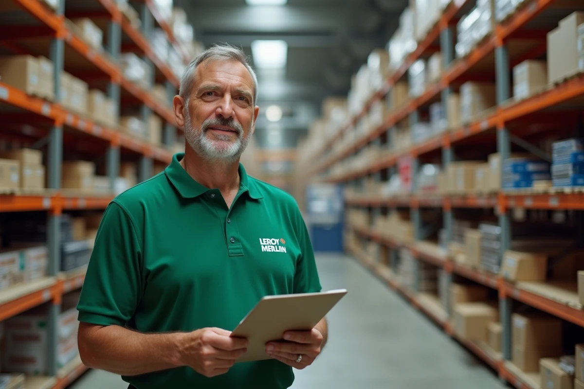 Manager Leroy Merlin en polo vert dans un rayon de grande surface de bricolage, tenant un clipboard, symbolisant la culture d'entreprise et le management de proximité