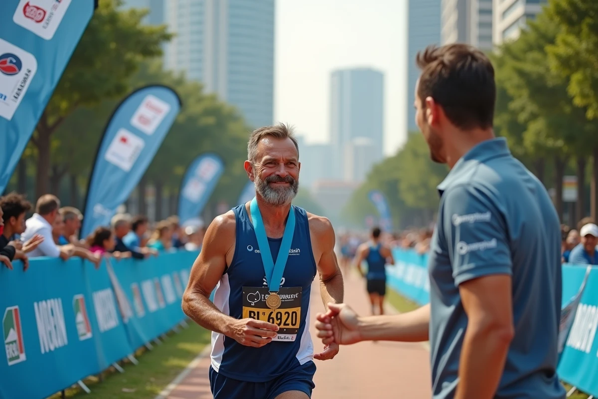 Homme marathonien recevant une médaille lors d