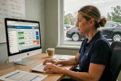 Monitrice d'auto-école évaluant un logiciel de gestion sur ordinateur dans un bureau professionnel