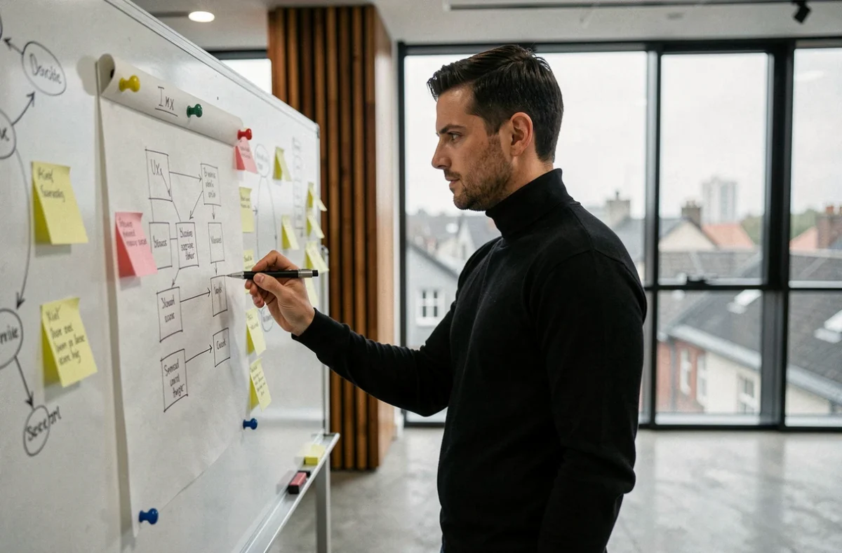 Designer UX de l'agence NEOH esquissant des wireframes sur un tableau blanc couvert de notes dans un studio créatif contemporain