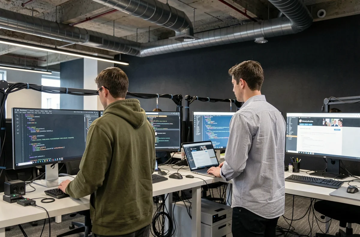 Deux développeurs de l'agence NEWP codant côte à côte sur des stations de travail multi-écrans dans un espace tech moderne