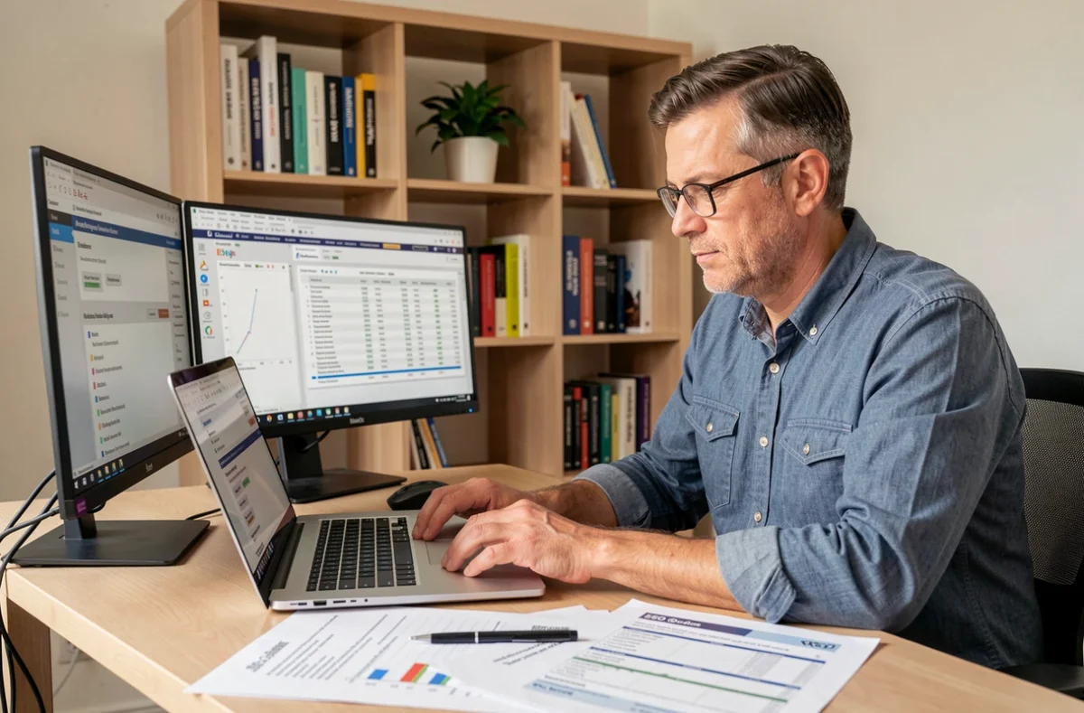 Consultant SEO en Haute-Vienne analysant des rapports de positionnement et des données de référencement naturel