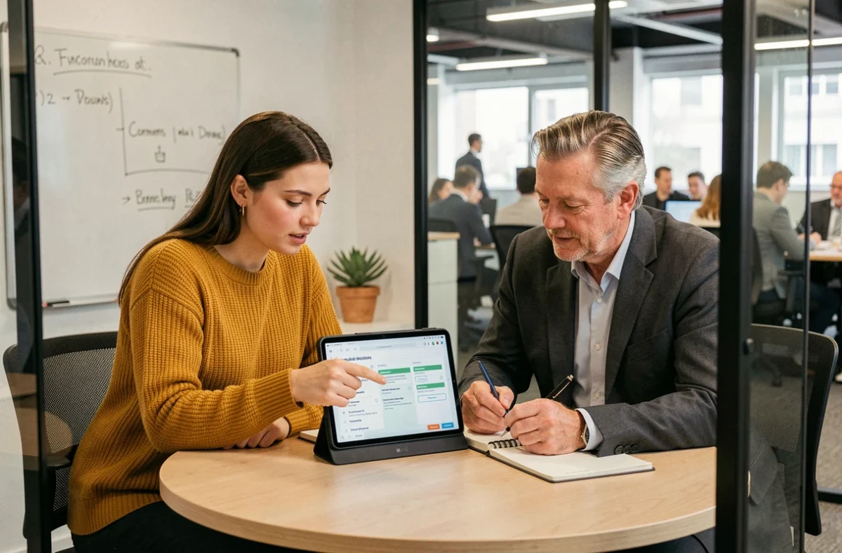 Deux collègues consultant ensemble la checklist de première connexion CegidLife sur une tablette en salle de réunion