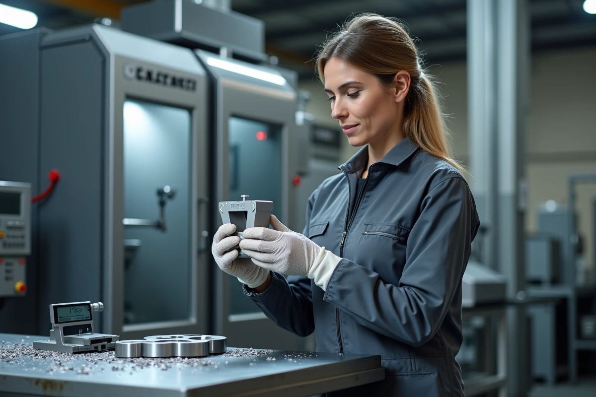 Opératrice CNC inspectant une pièce usinée en aluminium dans un atelier de production