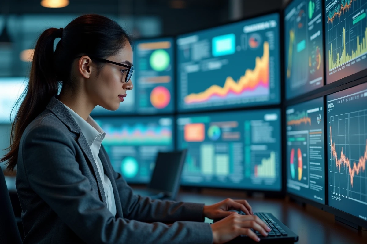 Jeune femme opératrice réseau en contrôle avec écrans