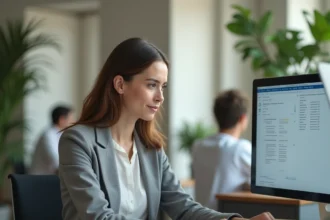 Femme professionnelle organisant des documents RH sur MyPeopleDoc depuis son bureau en open space