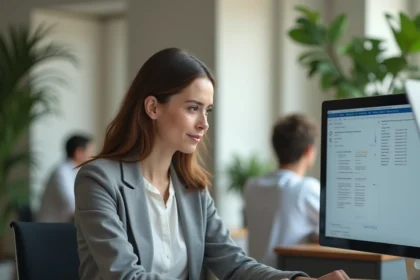 Femme professionnelle organisant des documents RH sur MyPeopleDoc depuis son bureau en open space