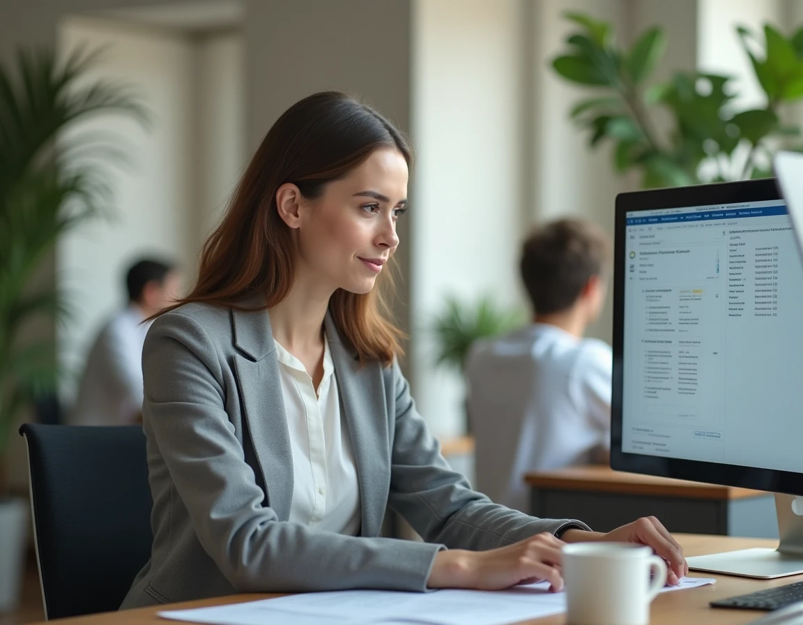 Femme professionnelle organisant des documents RH sur MyPeopleDoc depuis son bureau en open space
