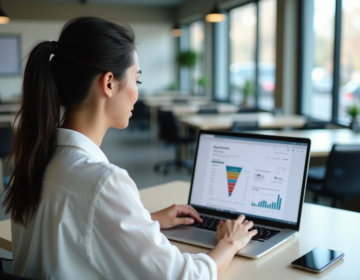 Une femme travaillant sur un tableau de bord de marketing en ligne dans un espace de coworking moderne