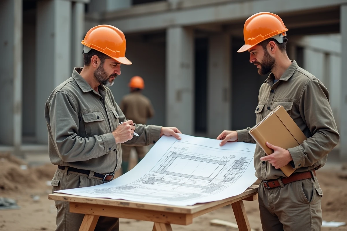 Deux ouvriers BTP sur chantier examinant des plans de construction et estimations de coûts pour optimiser la gestion financière