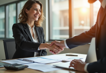 Femme d'affaires et homme d'affaires serrant la main dans un bureau moderne