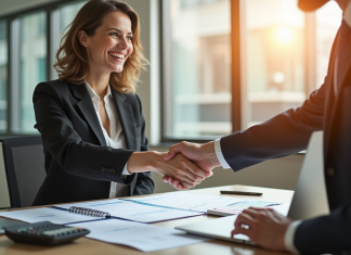 Financement Moovance : mode de financement et sources de revenus expliqués Femme d'affaires et homme d'affaires serrant la main dans un bureau moderne