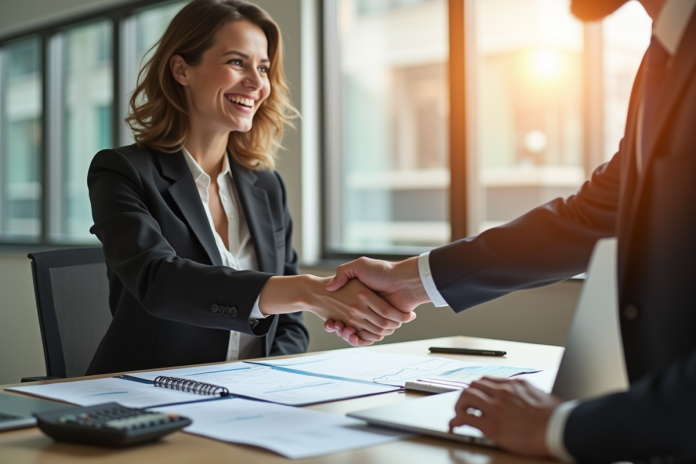 Femme d'affaires et homme d'affaires serrant la main dans un bureau moderne