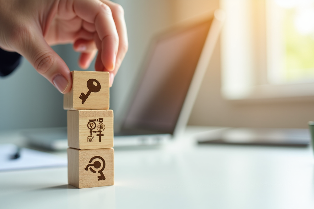 Main empilant un bloc en bois avec des icônes clés sur un bureau blanc