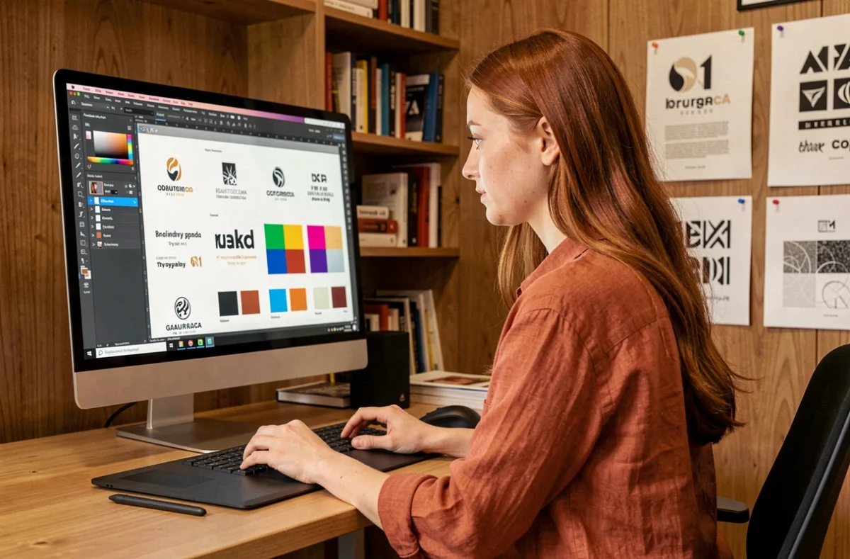 Designer graphique de Pigment Design travaillant sur un système d'identité visuelle de marque sur moniteur calibré dans un studio chaleureux