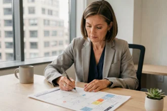 Femme professionnelle consultant un calendrier annuel pour planifier ses congés au bureau