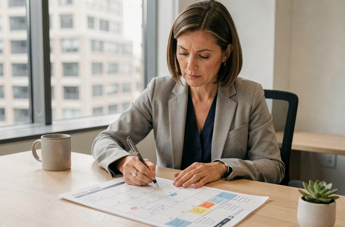 Femme professionnelle consultant un calendrier annuel pour planifier ses congés au bureau