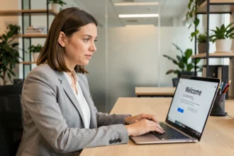 Femme professionnelle effectuant sa première connexion sur CegidLife depuis un bureau moderne en open space