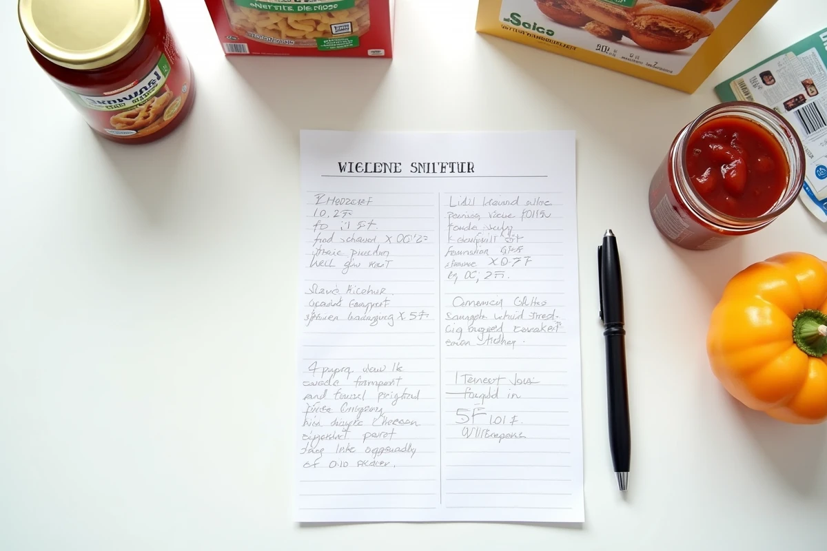 Vue aérienne de produits marque distributeur Lidl avec liste de courses annotée et comparatifs de prix