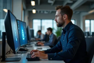 Professionnel masculin connecté à une interface de login sécurisée sur poste de travail en open space