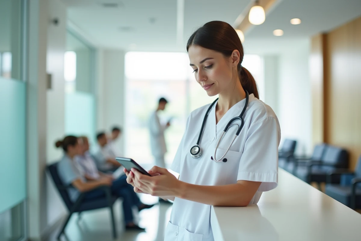Professionnelle de santé gérant les rendez-vous patients via ClicRDV Pro sur smartphone dans une salle d'attente de clinique