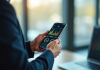 Professionnel tenant un smartphone avec tableau de bord mobile