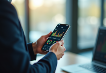 Professionnel tenant un smartphone avec tableau de bord mobile