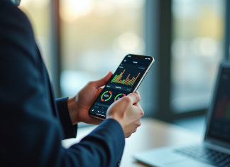 Application mobile de Dualmedia : technologies au service des entreprises Professionnel tenant un smartphone avec tableau de bord mobile