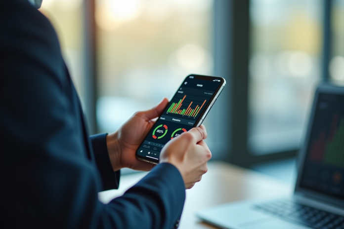 Professionnel tenant un smartphone avec tableau de bord mobile