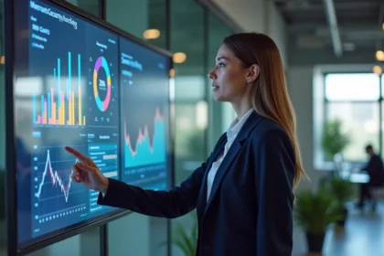 Professionnelle du marketing digital analysant des tableaux de bord de données dans un bureau moderne lors d'une conférence sur la stratégie data marketing