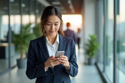 Professionnelle utilisant l'application ClicRDV sur mobile pour gérer ses rendez-vous dans un bureau moderne