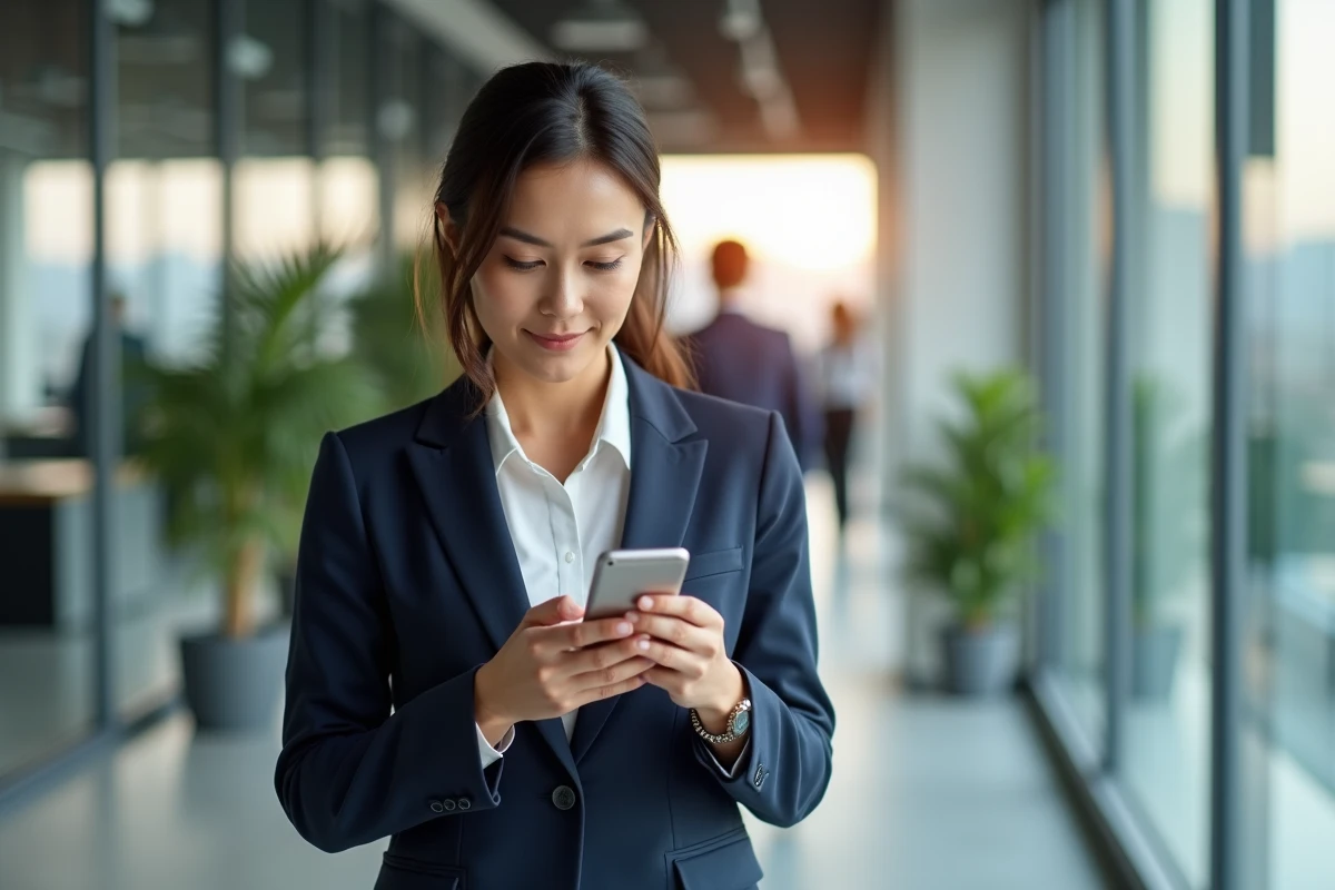 Professionnelle utilisant l'application ClicRDV sur mobile pour gérer ses rendez-vous dans un bureau moderne
