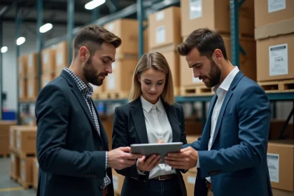 Groupe de professionnels examinant des données blockchain dans un entrepôt parisien