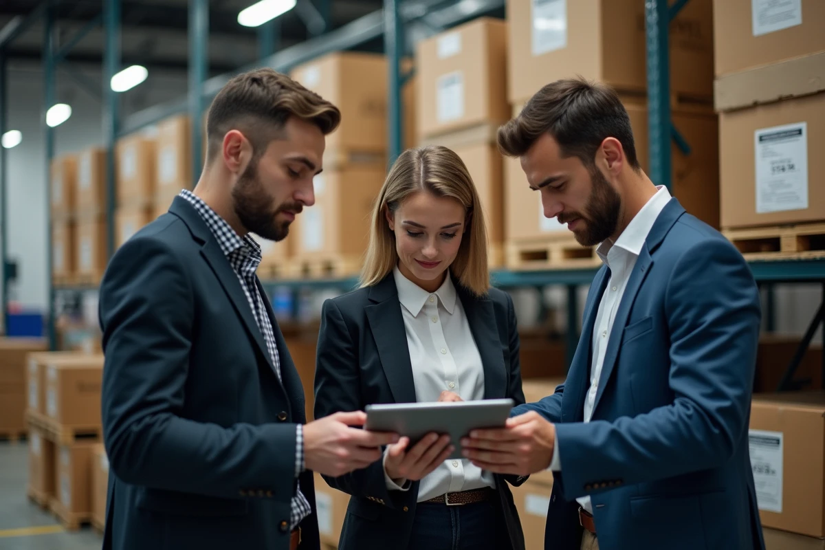 Groupe de professionnels examinant des données blockchain dans un entrepôt parisien